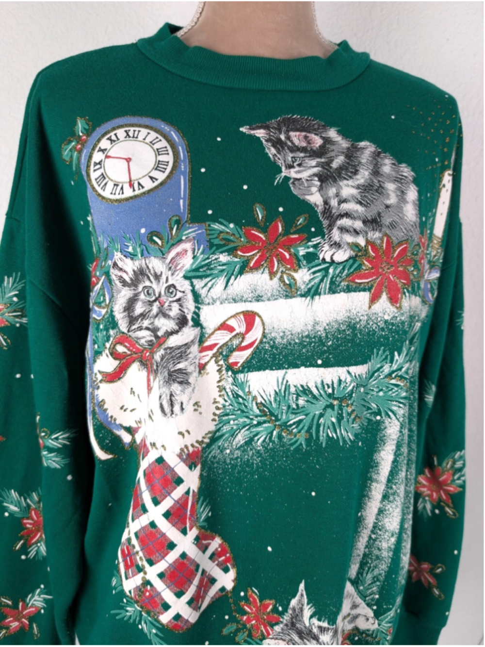 Vintage Nutcracker Kitten Cat Mistletoe Christmas Green Sweater Size Large